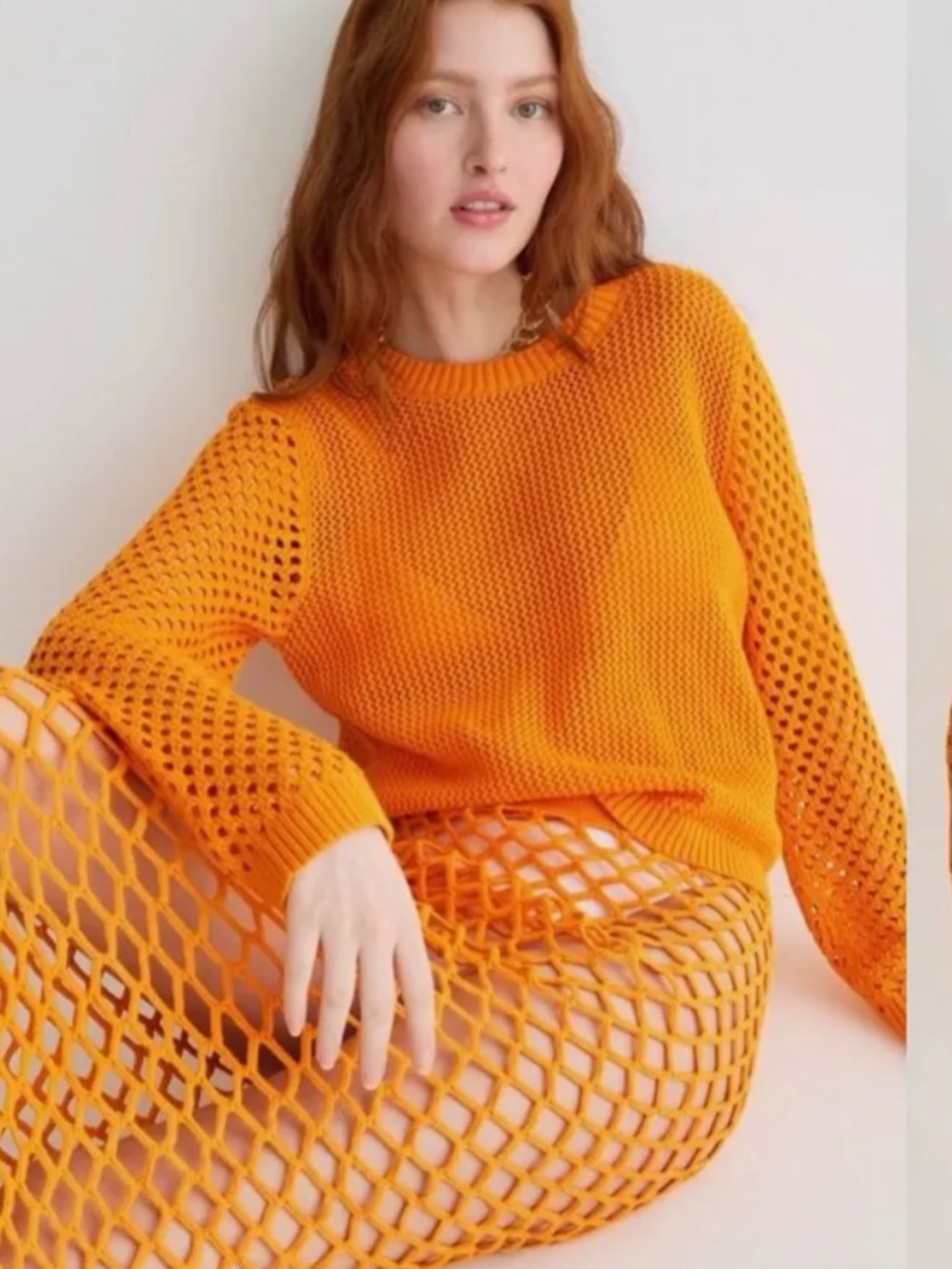 J. Crew 100% cotton Bright orange Open-Weave Crewneck Sweater (A0116)